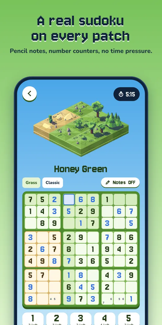 A real sudoku on every patch. Pencil notes, number counters, no time pressure.